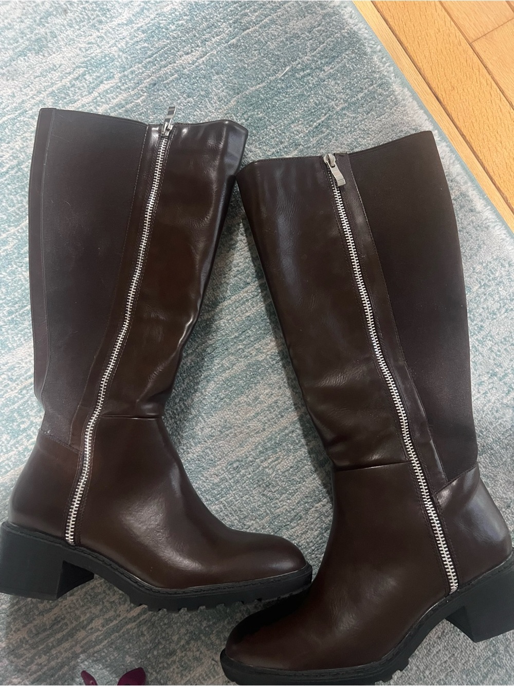 Brown Knee-High Boots with Silver Side Zip